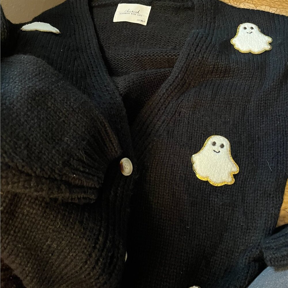 Chic Wish Ghost Patch Buttoned Knit Halloween Cardigan Black Women - Picture 3 of 6